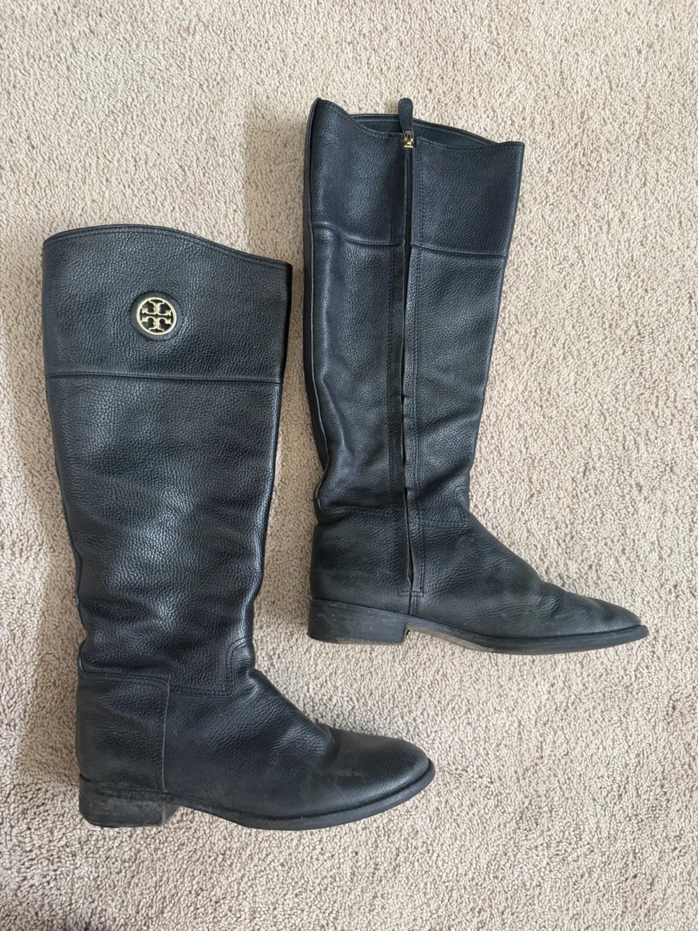 Tory Burch Black Leather Riding Boots 9.5 M Knee High Logo